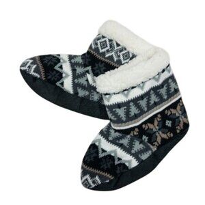 Muk Luks Fair Isle Cozy Slipper Socks L/XL Grey & Black Ivory Lining